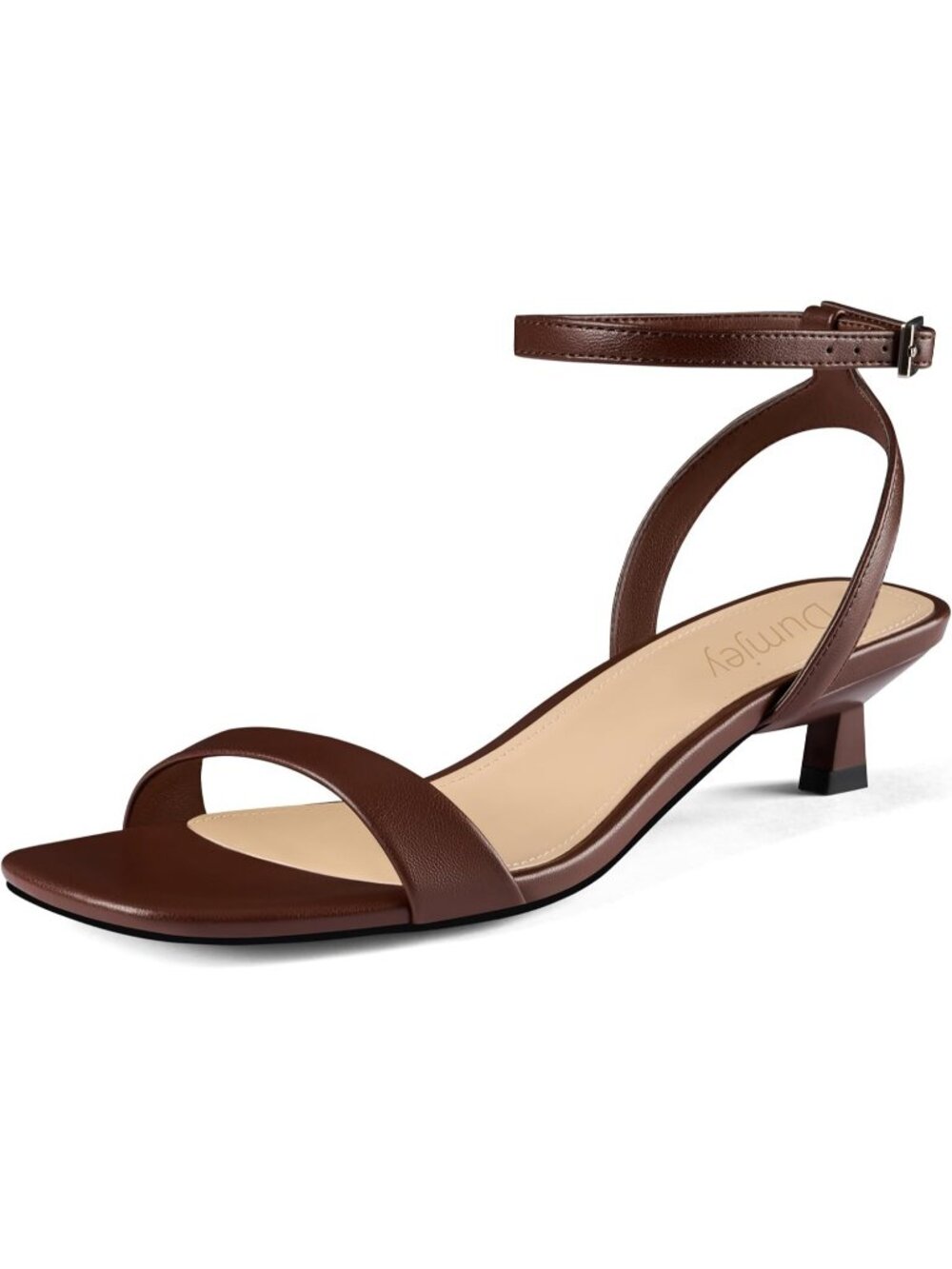 Women's Brown Faux Leather Square Open Toe Ankle Strap Kitten Heel Sandals